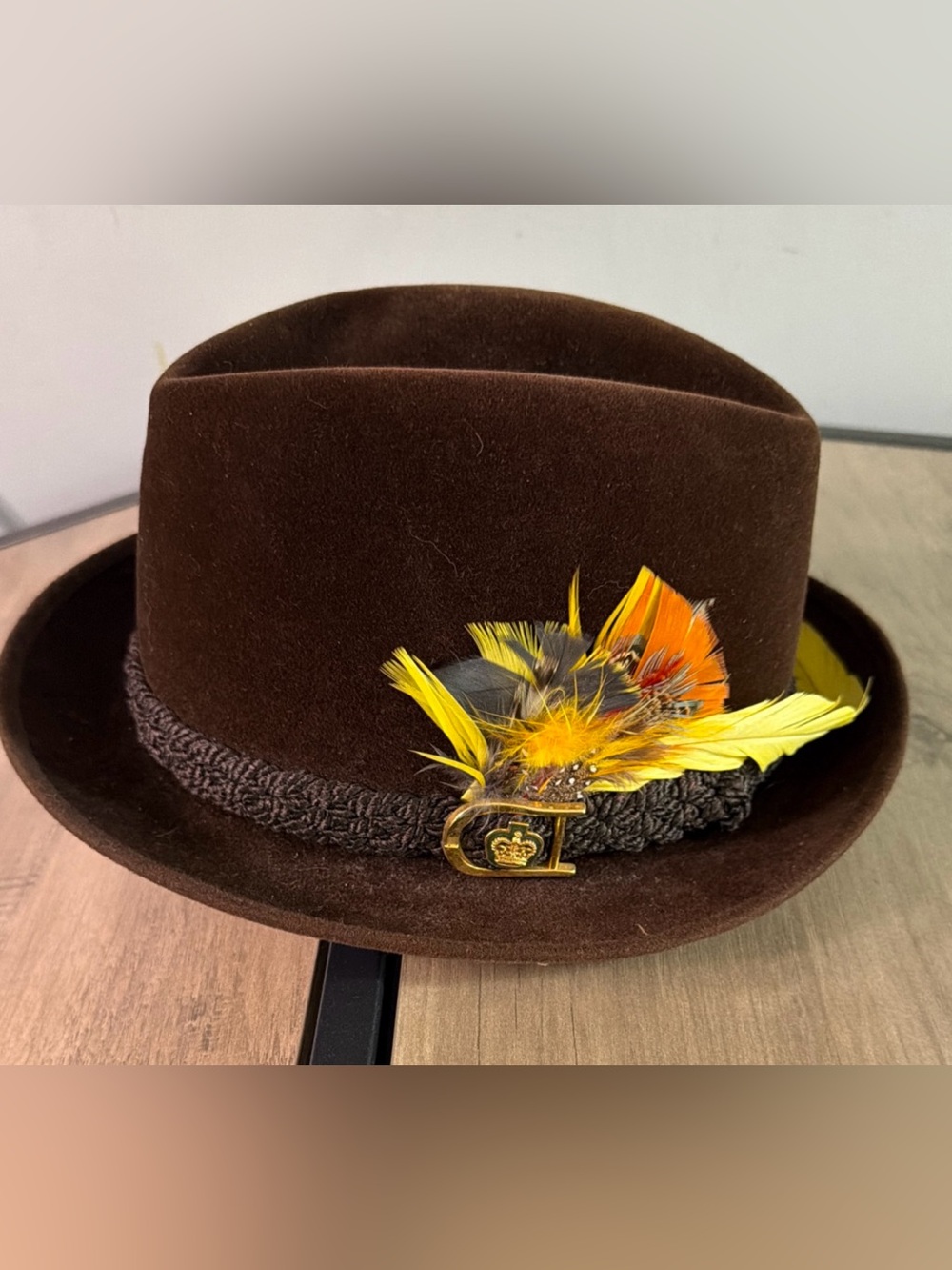 Macy's Biltmore Men Fedora Brown Velvet Hat Yellow Feather Classy Church Party